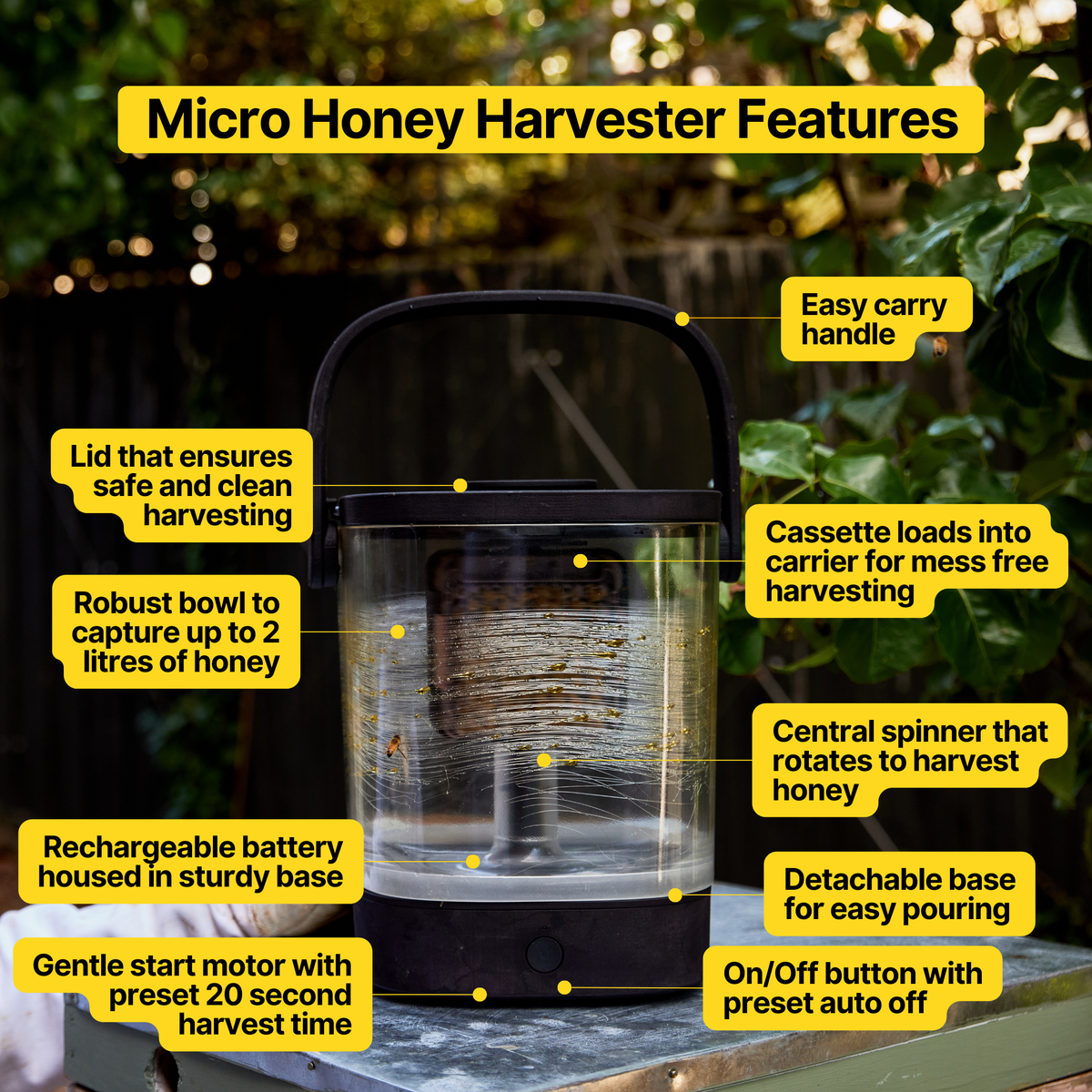 Micro honey harvester with features highlighted on a natural background